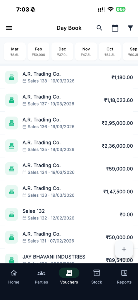 BizGrip Day Book — Voucher list with party names